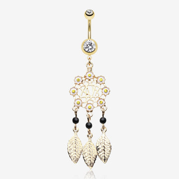 Golden Daisy Glam Dreamcatcher Belly Button Ring-Clear Gem